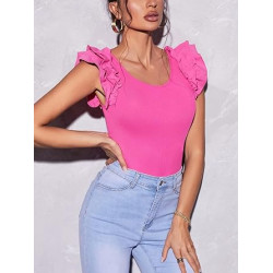 GORGLITTER Women's Ribbed Knit Ruffle Trim Cap Sleeve Scoop Neck Casual Tee Blouse Top GORGLITTER Women's Ribbed Knit Ruffle Trim Cap Sleeve Scoop Neck Casual Tee Blouse Top