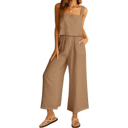AUTOMET Women 2 Piece Outfits Lounge Matching Sets Linen Crop Top Wide Leg Pants Tracksuits with Pockets 2023 Fashion Clothes